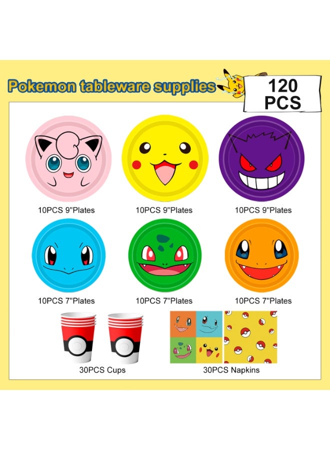 ILovhaprty Pokemon Birthday Party Tableware Set for 30 Guests, 120 Pcs Pikachu Plates & Napkins Party Supplies - 60 7"&9" Pokemon Party Plates, 30 Pokemon Napkins and 30 Pokemon Cups for Pikachu Birthday Party Decorations - Image 2