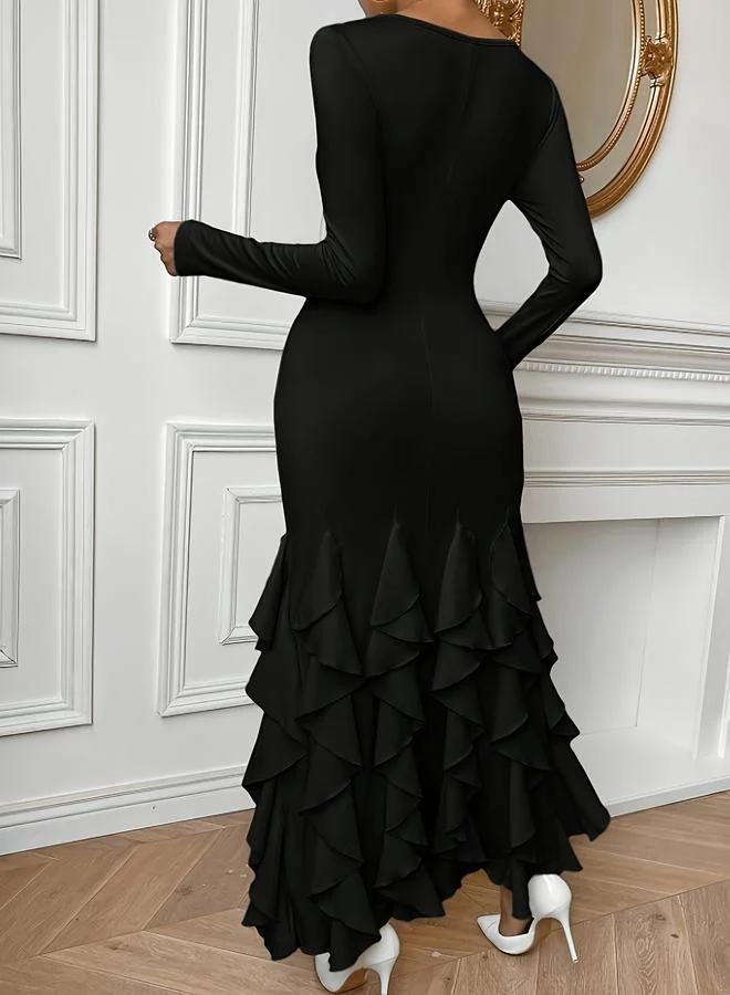Take Two Black Ruffled Hem Maxi Dress