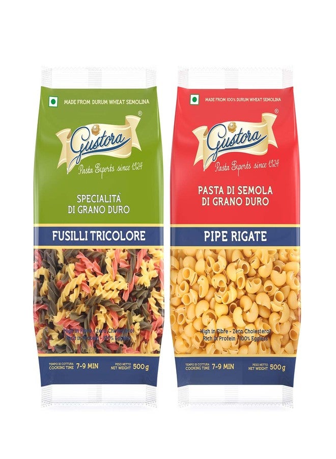 Gustora Healthy Fusilli Tricolore & Pipe Rigate Pasta Combo Made Of Durum Wheat Semolina I Rich In Protein & Fibre I Zero Cholesterol I Vegetarian I No Trans - Fat I Cooking Time 10 Min - (500 Gm X 2) - Image 1