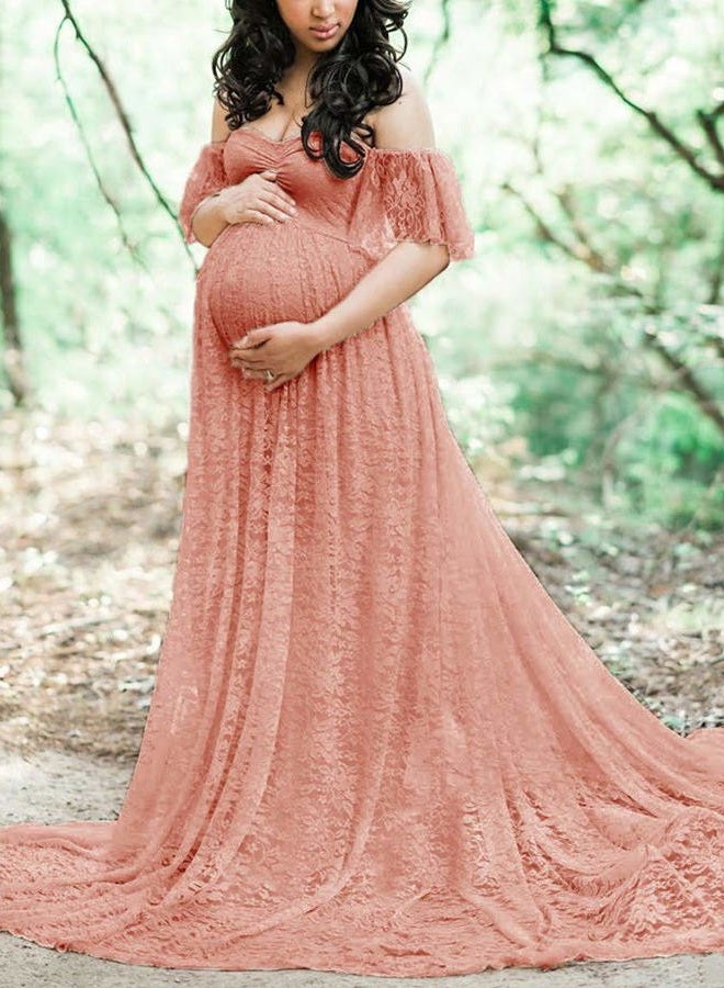MYZEROING Maternity Photography Props Floral Lace Dress Fancy Pregnancy Gown for Baby Shower Photo Shoot (S, Pink Carnation) - Image 2