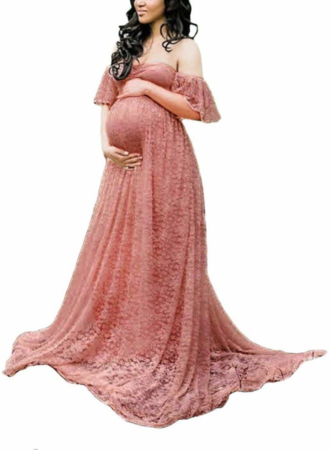 MYZEROING Maternity Photography Props Floral Lace Dress Fancy Pregnancy Gown for Baby Shower Photo Shoot (S, Pink Carnation) - Image 1
