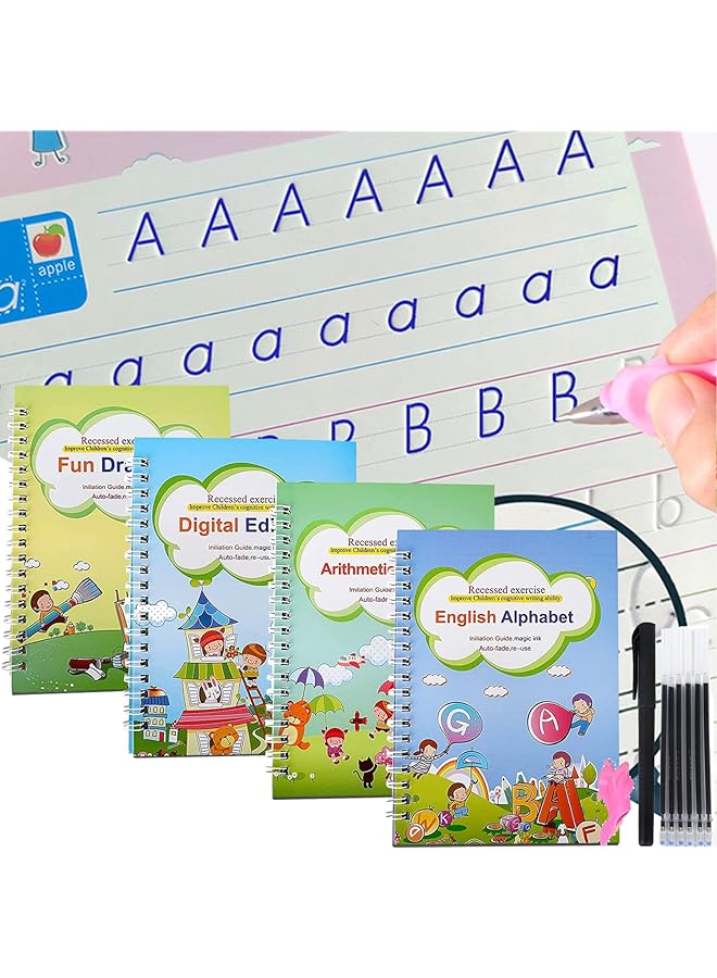 erorex Magic Copybook Reusable Handwriting Tracing Practice Kit Preschool Calligraphy Set For Preschools Grooves Template Design And Handwriting Aid Magic Practice Copybook 4 Books With Pens - Image 1