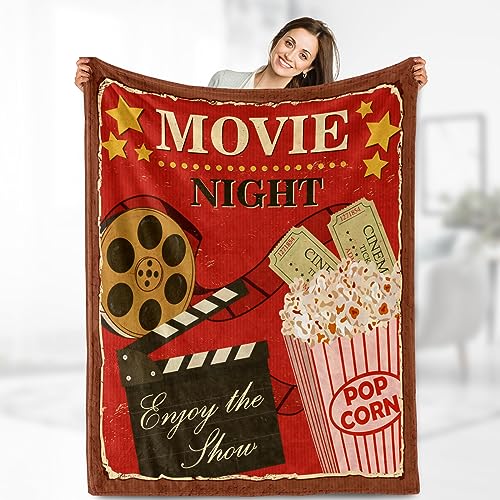 Aimego Movie Theme Blanket Gifts - Vintage Cinema Popcorn Movie Reel Modern Retro Decor Soft Throw Warm Lightweight Fleece Cozy Fuzzy Birthday Christmas Blankets for Women Kids Adults Teens 50"x60" - Image 1