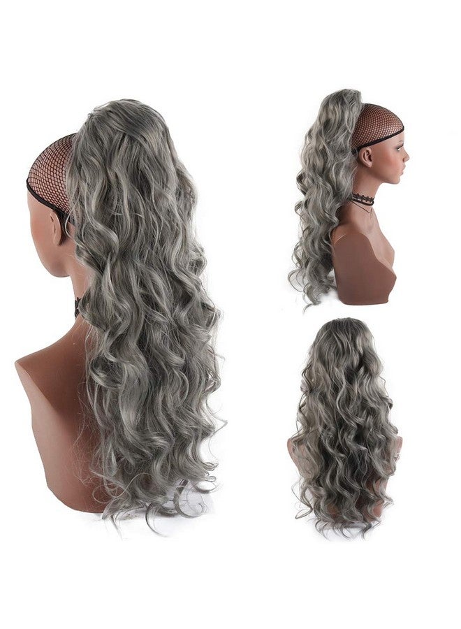 CINHOO 24 Inch Long Body Wavy Gray Drawstring Ponytail Extension For Black Women Clip In Ponytail Hair Extension Synthetic Curly Wavy Pony Tail Hairpiece For Women (24Inch Gray) - Image 5