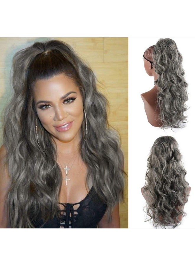 CINHOO 24 Inch Long Body Wavy Gray Drawstring Ponytail Extension For Black Women Clip In Ponytail Hair Extension Synthetic Curly Wavy Pony Tail Hairpiece For Women (24Inch Gray) - Image 2