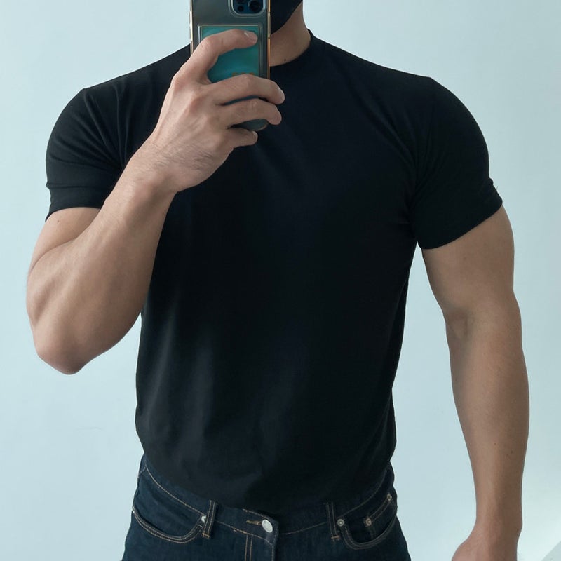 Generic Mens T-shirt Fitness Training Sports Short-sleeved Sweat-absorbing Quick-drying Breathable Solid Color Round Neck All-match Belted T-shirt for Men Black - Image 1