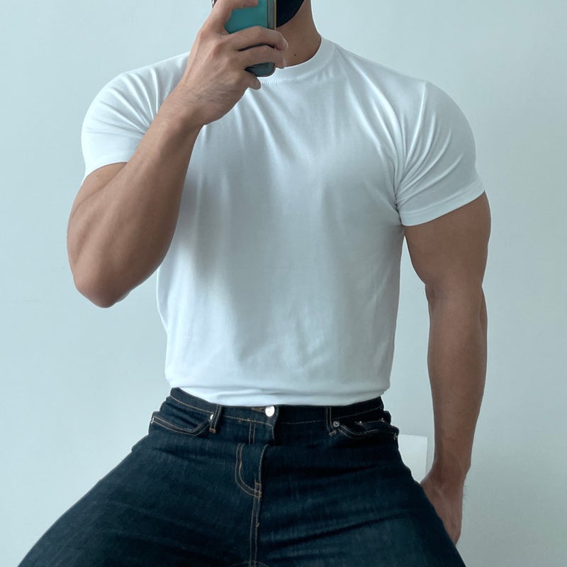 Generic Mens T-shirt Fitness Training Sports Short-sleeved Sweat-absorbing Quick-drying Breathable Solid Color Round Neck All-match Belted T-shirt for Men Black - Image 2