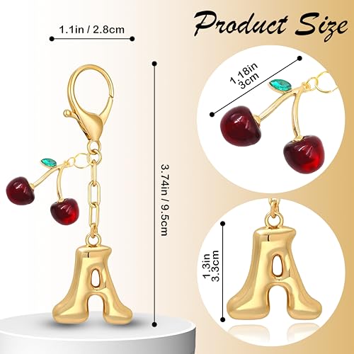 Yonuni Bubble Initial Keychain with Cherry - Gold Letter Bag Charms for Women, Cute Purse Handbag Accessories Gift for Birthday Christmas (A) - Image 3