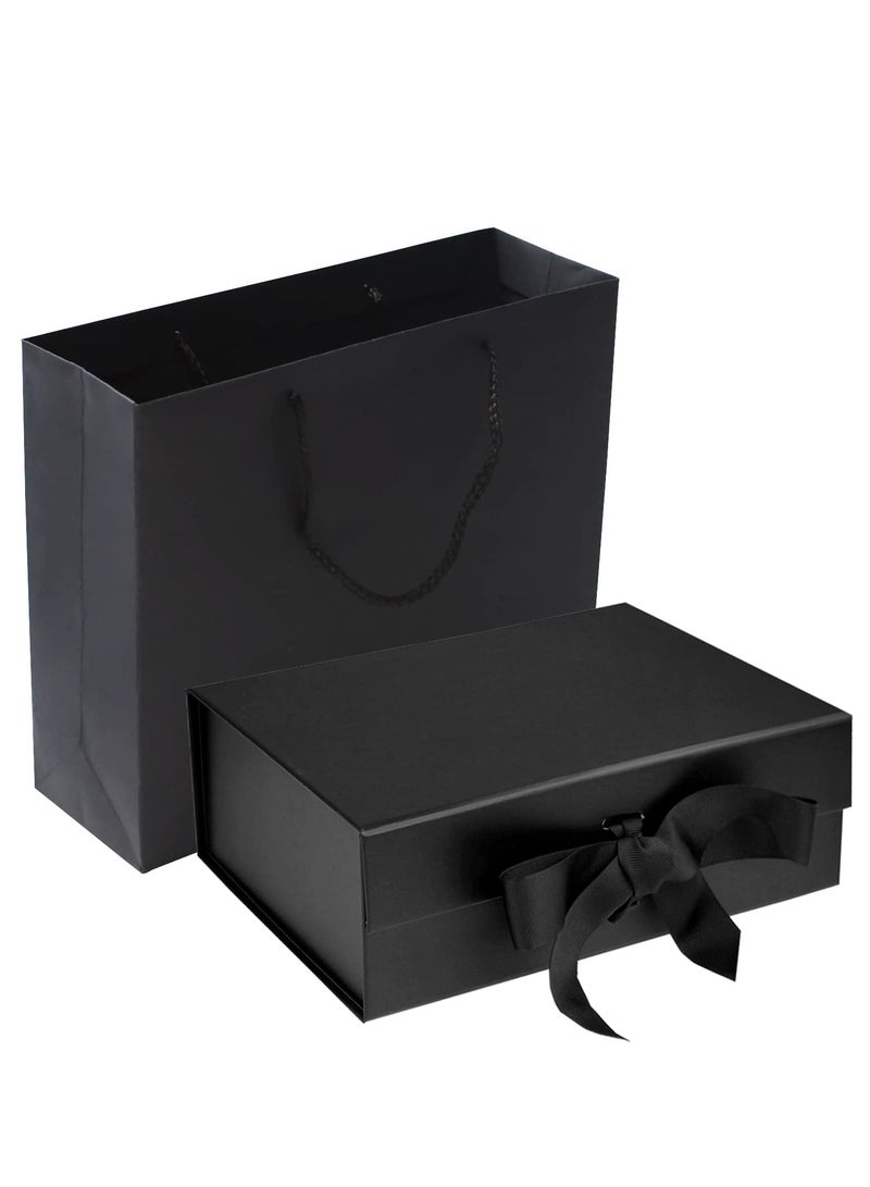 Black Luxury Magnetic Gift Box with Lid, Ribbons and Gift Bag, Medium Size-9.4x7x3 Inches, Great for , New Year, Wedding, Birthdays, Man