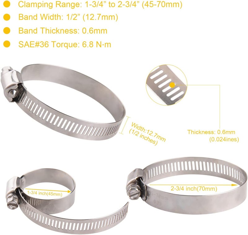 WIN-LONG Stainless Steel 2'' Hose Clamps, 10PK SAE 36 Worm Gear Hose Clamps Adjustable 1 3/4 Inch-2 3/4 Inch (45-70mm) for Automotive Plumbing, 2 1/2'', 2.5'', 2 1/4'' Hose Clamps - Image 2