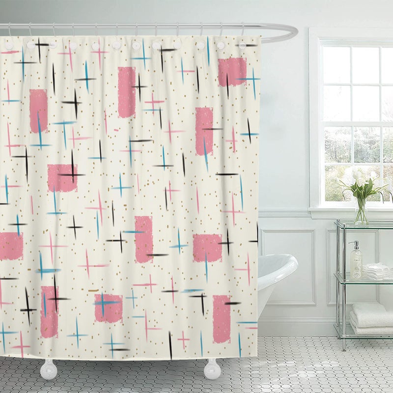 Semtomn Shower Curtain Mid Atomic Pink Pattern Century Modern Turquoise 1950S Vintage 66x72 Home Decor Waterproof Bath Bathroom Curtain Set with Hooks