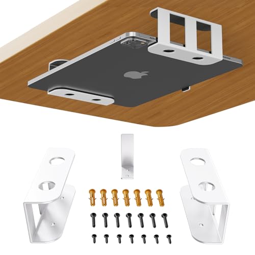 BYMECOST Under Desk Laptop Storage Mount Metal Under Desk Device Holder for Devices Up to 21 Thick MacBook Mini Keyboard Router with AntiScratch Silicone White - Image 1