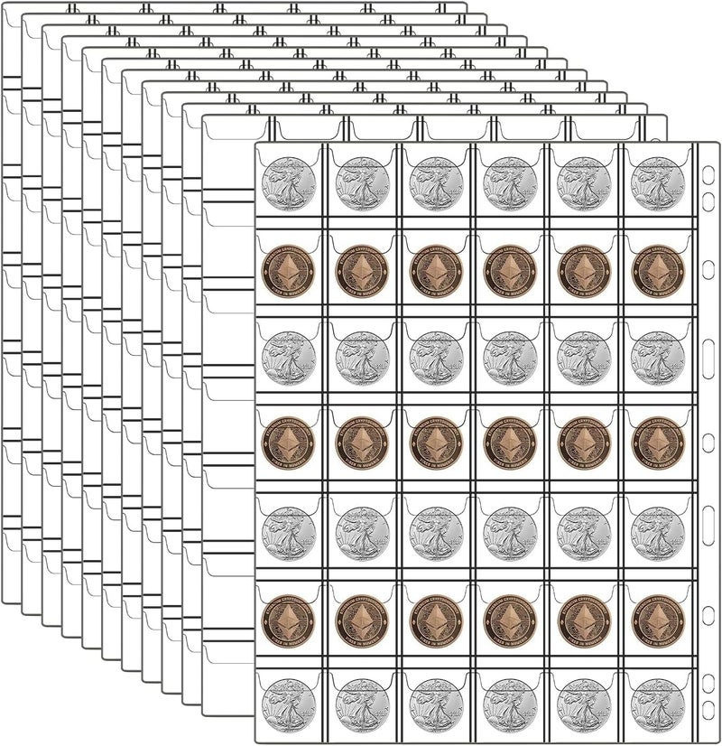 ANKHOH 12 Sheets Coin Collection Supplies Pages, Collecting Book Album Protectors Sleeves with Standard 9 Hole for Coin Binder, Currency Holder Storage for Pennies, Quarters Stamp (42 Pocket per Sheet) - Image 1
