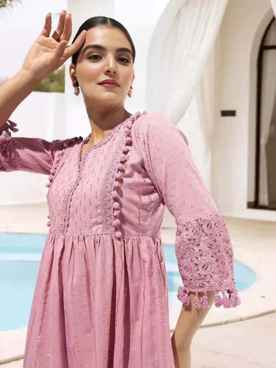 Ishin  Women'S Lilac Cotton Blend Embellished Midi A-Line Straight Fit Dress for Women | Best Price UAE
