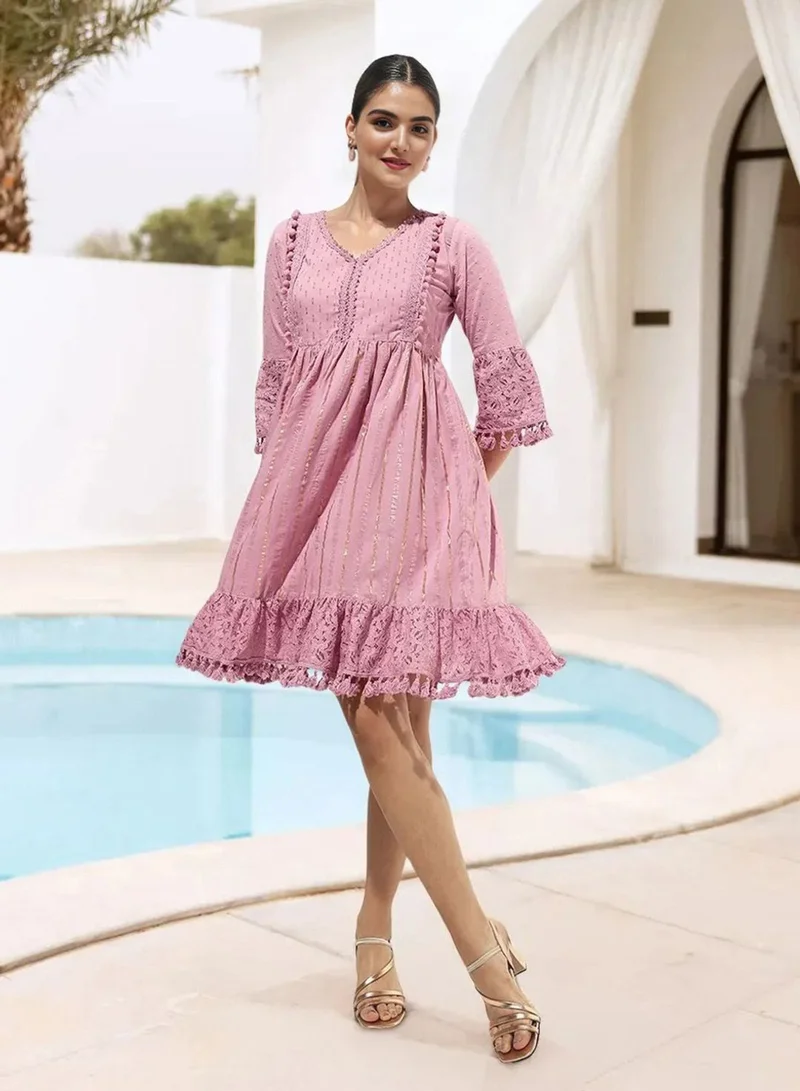 Ishin Women'S Lilac Cotton Blend Embellished Midi A-Line Straight Fit Dress