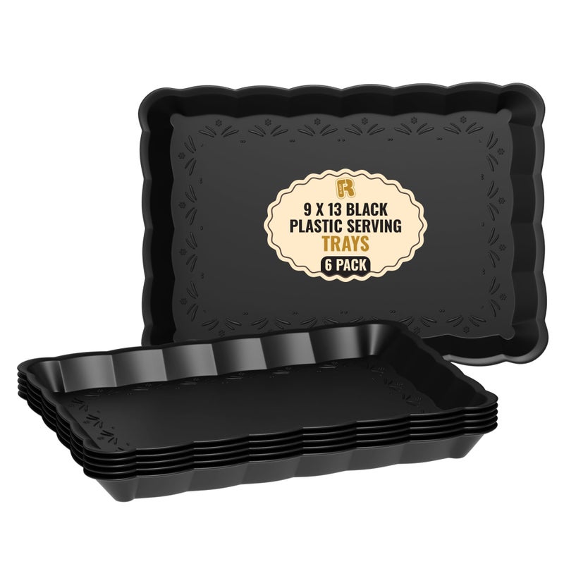 R-kay 6 Pack Black Plastic Serving Trays - 9 x 13 Party Serving Trays and Platters - Black Serving Tray - Serving Platter Tray for Party - Image 1