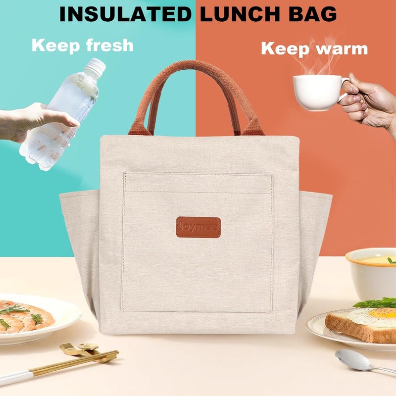 Joymee Lunch Bag Women Insulated Lunch Box Reusable Leakproof Large Spacious Cooler Tote for Women Men Adult with Bottle Holder and Side Pockets for Work Office Travel Picnic - Beige - Image 5