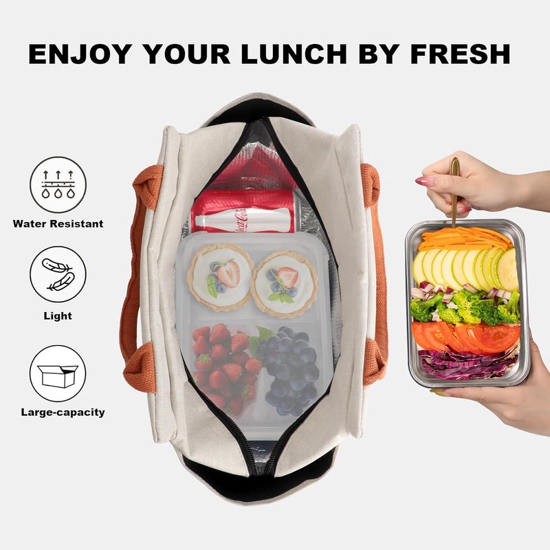 Joymee Lunch Bag Women Insulated Lunch Box Reusable Leakproof Large Spacious Cooler Tote for Women Men Adult with Bottle Holder and Side Pockets for Work Office Travel Picnic - Beige - Image 3