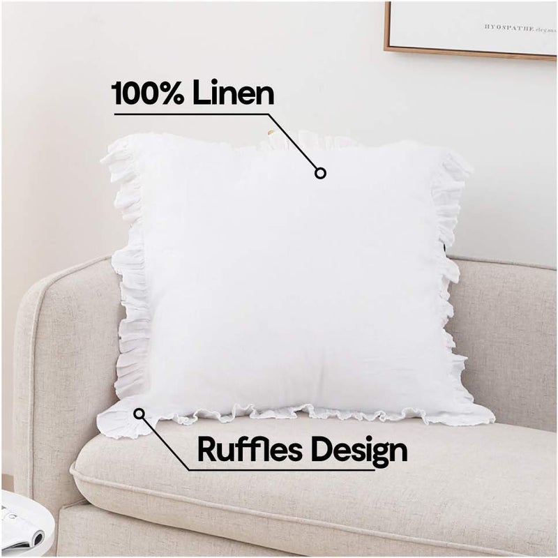 King Linens 100% French Linen Throw Pillow Covers - Set of 2 - Washed Flax Decorative Ruffled Square Cushion Cover Solid Color Soft Breathable - White, 18'' x 18'' - Image 3