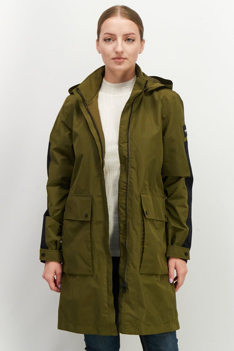 Aigle Women Hooded Solid Wind Breaker Jacket, Olive - Image 1