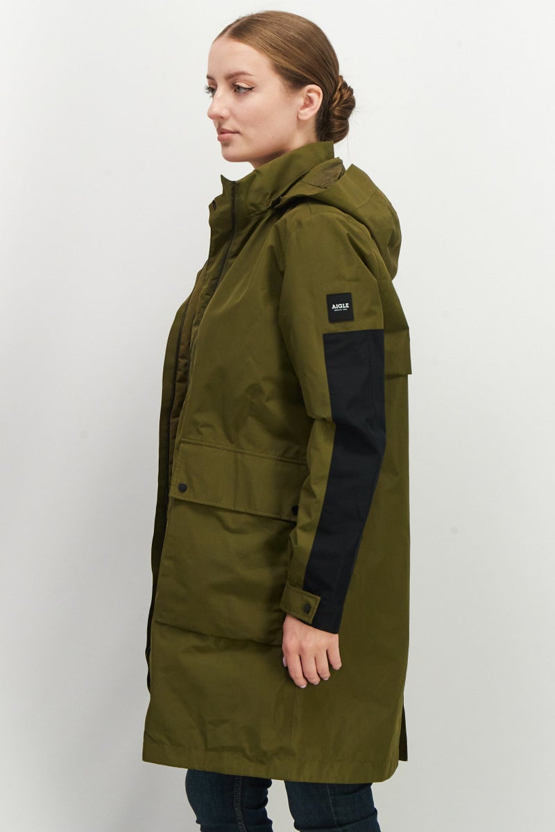 Aigle Women Hooded Solid Wind Breaker Jacket, Olive - Image 3