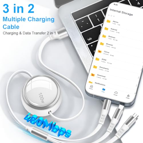 Verilux® Car Charger Cable 3 in 1 Fast Charger, PD 100W Retractable Car Cable with USB A/C to USB C/Lighting/Micro, 480Mbps Data Transfer for iPhone 17/16/15/14, Galaxy S24/S23, Android, Laptop, White - Image 2