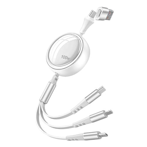 Verilux® Car Charger Cable 3 in 1 Fast Charger, PD 100W Retractable Car Cable with USB A/C to USB C/Lighting/Micro, 480Mbps Data Transfer for iPhone 17/16/15/14, Galaxy S24/S23, Android, Laptop, White - Image 1