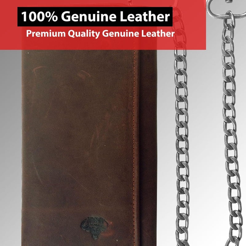 IBRO Motorcycle Chain Wallet for Men – 100% Natural Genuine Leather, Long Trifold RFID Blocking, Credit Card Money Organizer - Men’s Trucker Biker Metal Chain Wallets Crazy Horse Brown - Image 3