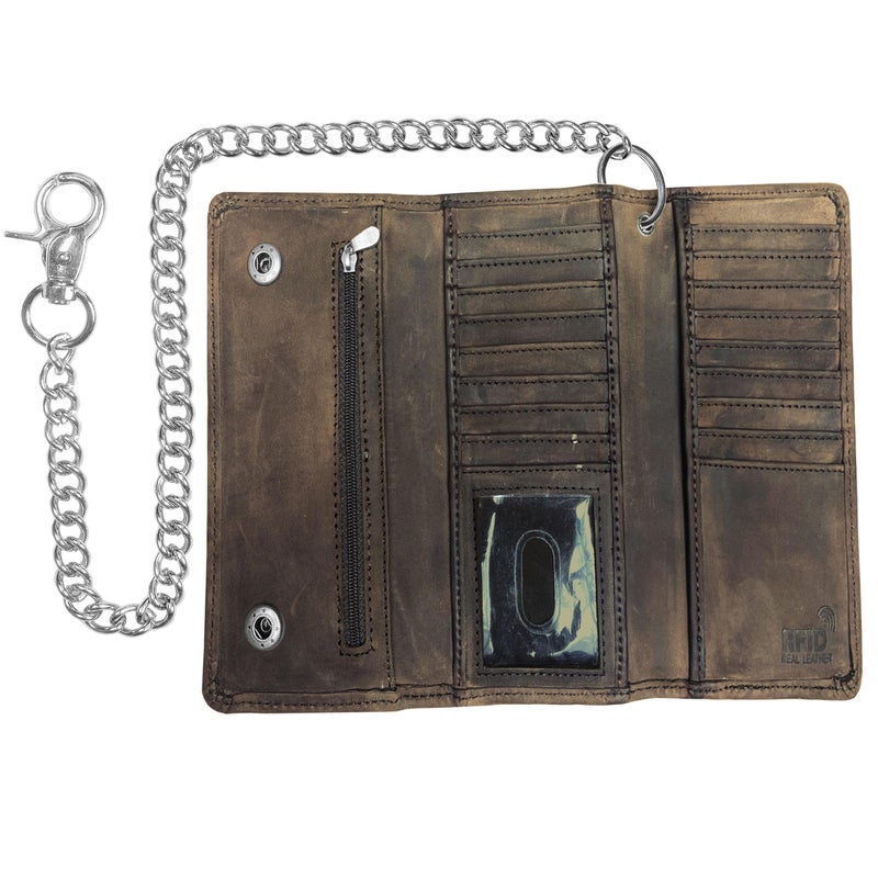 IBRO Motorcycle Chain Wallet for Men – 100% Natural Genuine Leather, Long Trifold RFID Blocking, Credit Card Money Organizer - Men’s Trucker Biker Metal Chain Wallets Crazy Horse Brown - Image 1