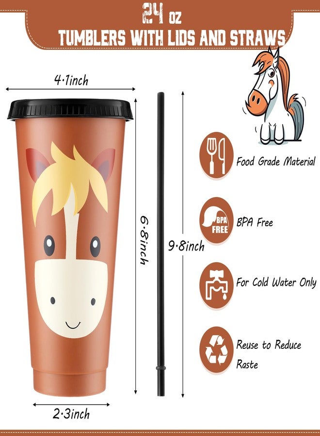 Mifoci 6 Pcs Horse Party Favors 24 oz Horse Cups with Lid Straw Cowboy Cups Bulk Horses Birthday Decorations Reusable Plastic Drink Tumbler for Birthday Gifts Racing Theme Animal Spring Party Supply - Image 3