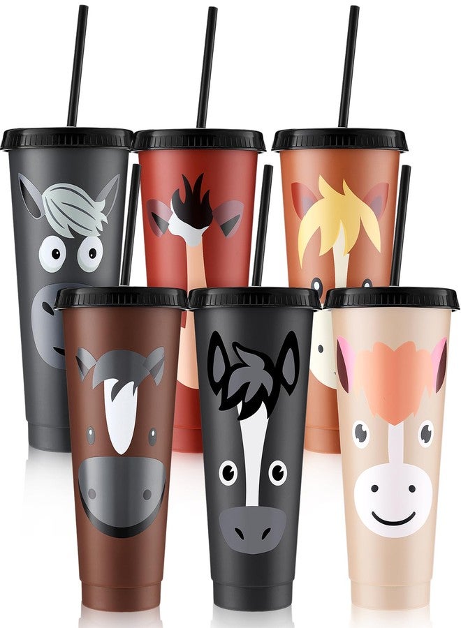Mifoci 6 Pcs Horse Party Favors 24 oz Horse Cups with Lid Straw Cowboy Cups Bulk Horses Birthday Decorations Reusable Plastic Drink Tumbler for Birthday Gifts Racing Theme Animal Spring Party Supply - Image 1