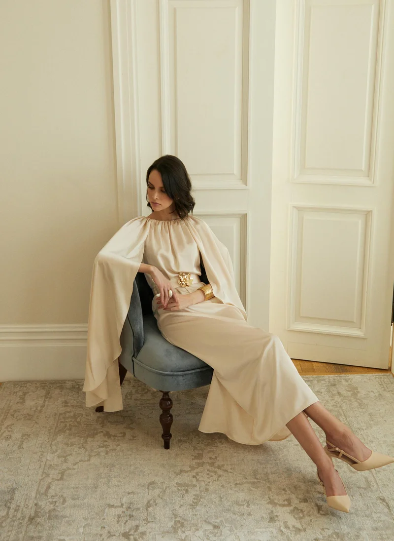 Lichi  Loose maxi dress with a cape and matching belt for Women | Best Price UAE