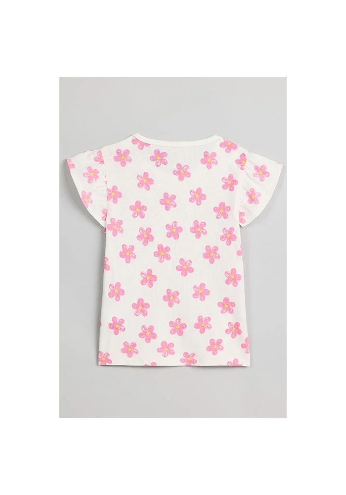 أر أند بي Printed Top with Crew Neck and Flutter Sleeves