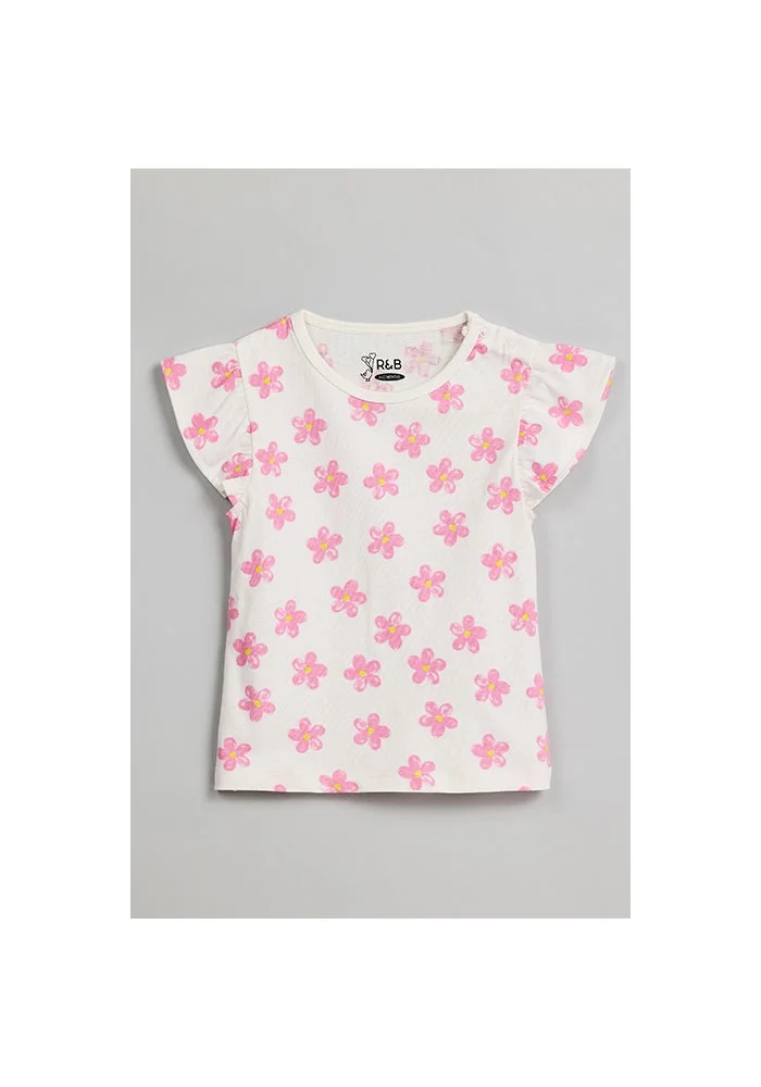 أر أند بي Printed Top with Crew Neck and Flutter Sleeves