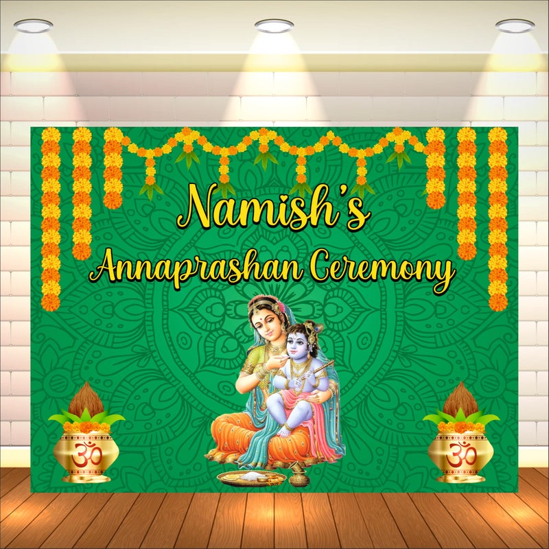 Party BaazaarAnnaprashan Customized Backdrop | Traditional Annaprashana Decoration | Baby Annaprashan Decoration Items (Pack of 1, Multicolor, Size: 5x4 Feet) - Image 1