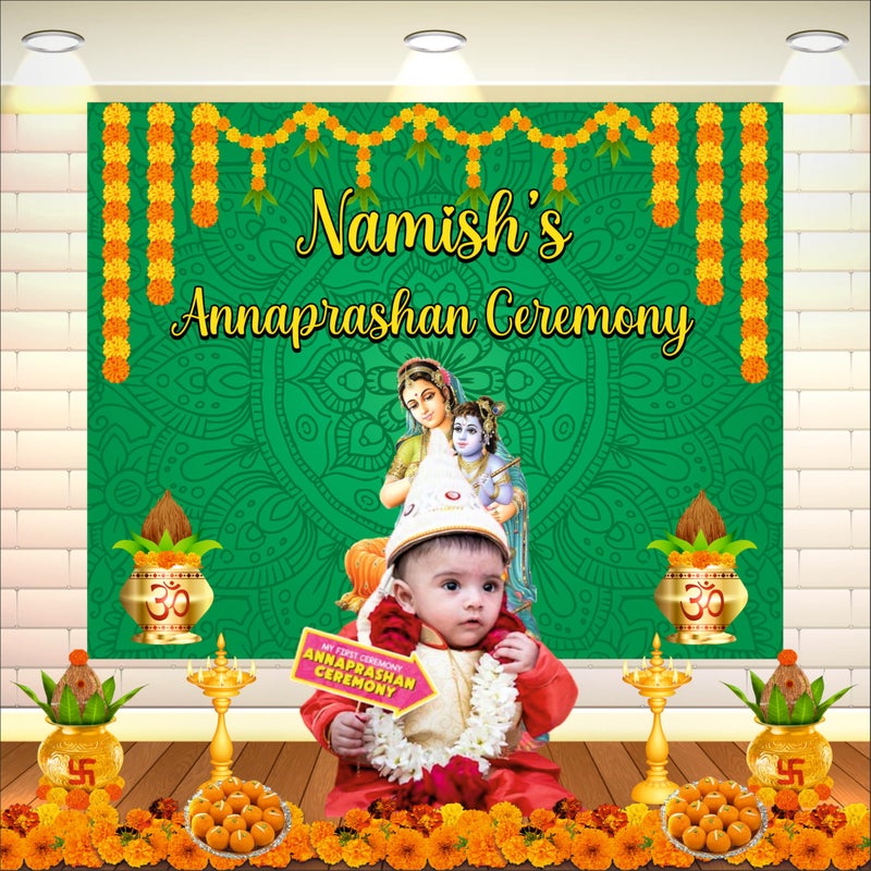Party BaazaarAnnaprashan Customized Backdrop | Traditional Annaprashana Decoration | Baby Annaprashan Decoration Items (Pack of 1, Multicolor, Size: 5x4 Feet) - Image 5