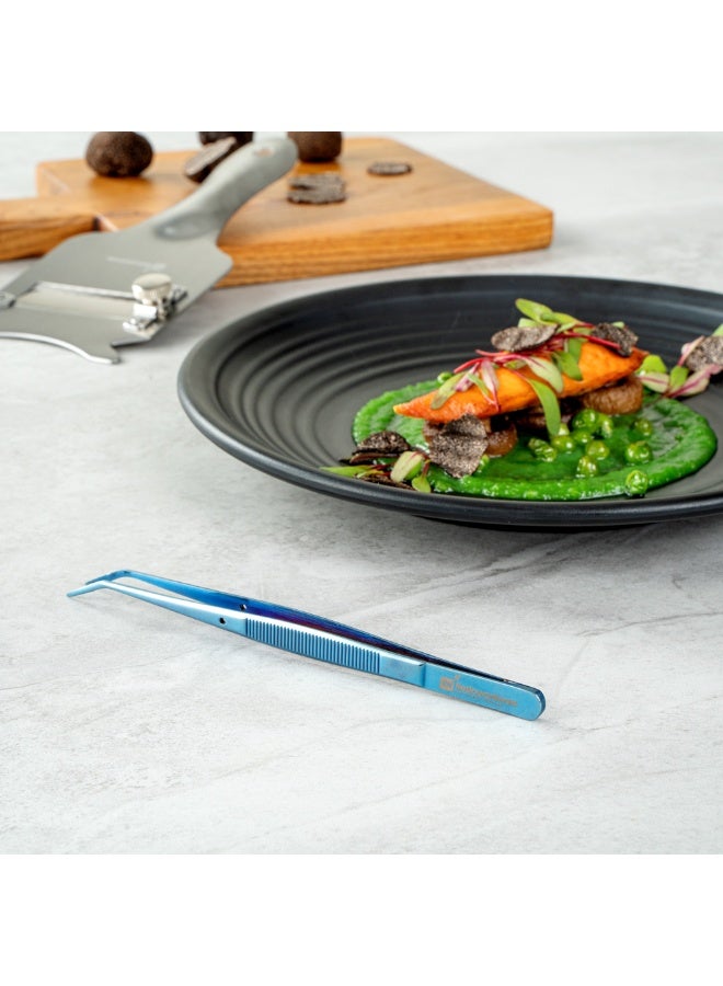 Restaurantware Perfect Point 6.3 Inch Curved Tweezers, 1 Slant Nose Food Tweezers - Serrated Tips For Precision, For Garnishing, Plating, Or Decorating, Blue Stainless Steel Kitchen Tweezers, Sturdy - Image 4