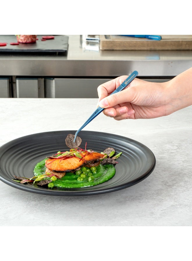 Restaurantware Perfect Point 6.3 Inch Curved Tweezers, 1 Slant Nose Food Tweezers - Serrated Tips For Precision, For Garnishing, Plating, Or Decorating, Blue Stainless Steel Kitchen Tweezers, Sturdy - Image 3