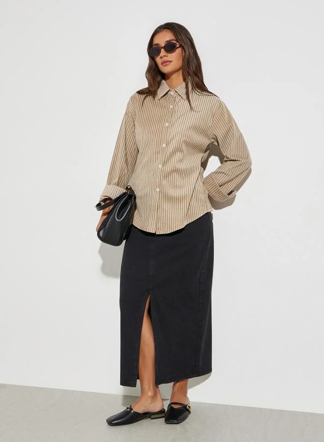 Styli Beige Striped Long Sleeve Oversized Shirt