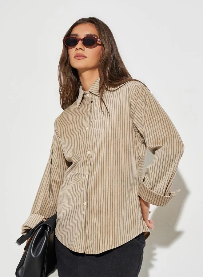 Styli Beige Striped Long Sleeve Oversized Shirt