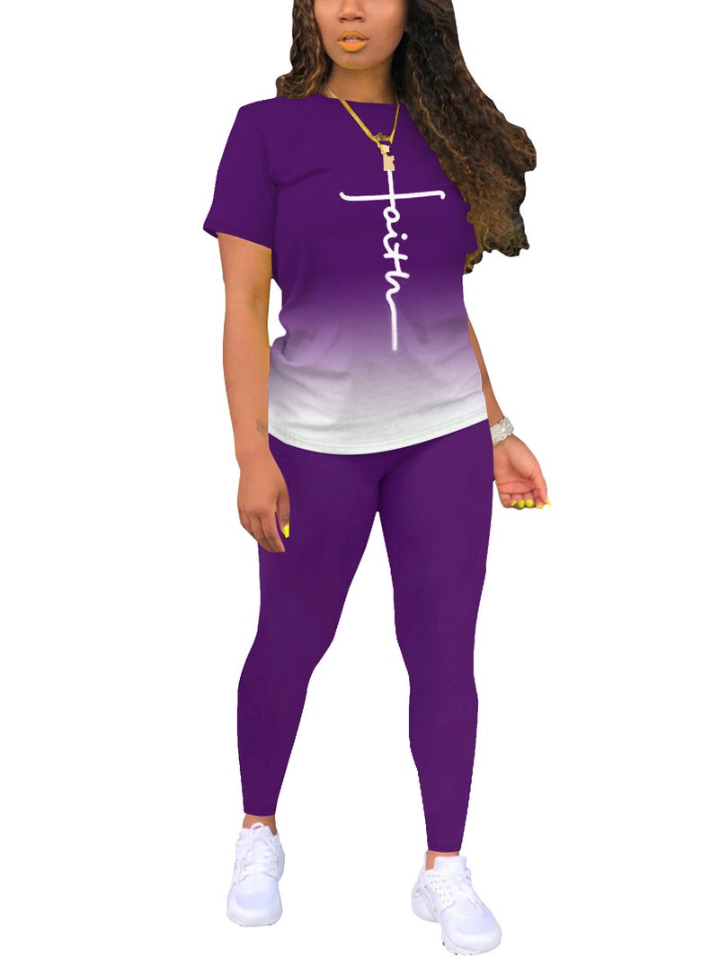 European and American Cross-border Special in stock Simple Solid Color Gradient Printing Round Neck Short-sleeved T-shirt Top Pants Women's suit - Image 1