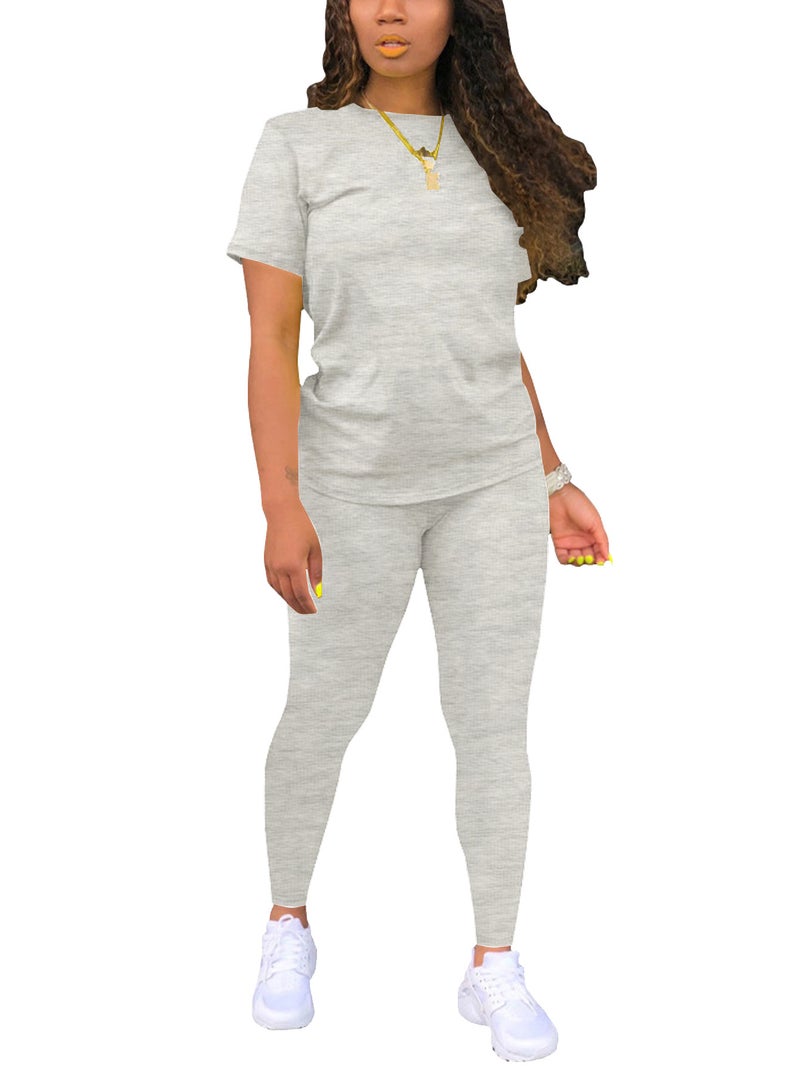 European and American Cross-border Special in stock Simple Solid Color Gradient Printing Round Neck Short-sleeved T-shirt Top Pants Women's suit - Image 4