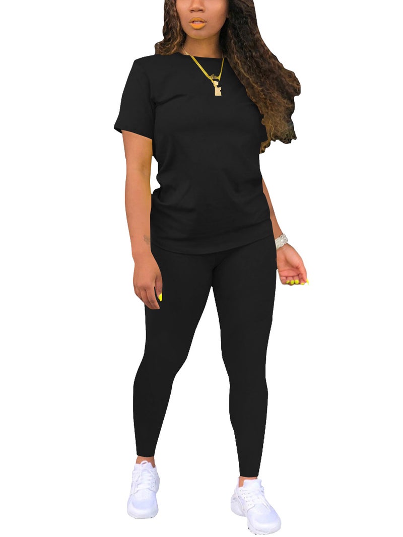 European and American Cross-border Special in stock Simple Solid Color Gradient Printing Round Neck Short-sleeved T-shirt Top Pants Women's suit - Image 2