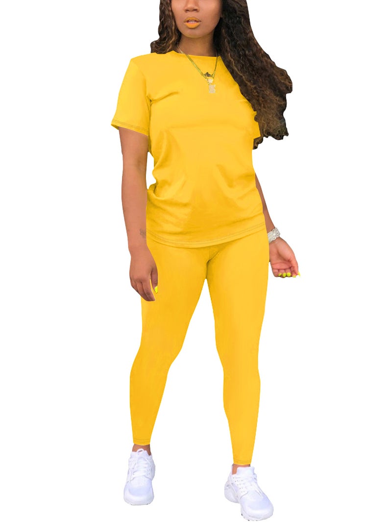 European and American Cross-border Special in stock Simple Solid Color Gradient Printing Round Neck Short-sleeved T-shirt Top Pants Women's suit - Image 5