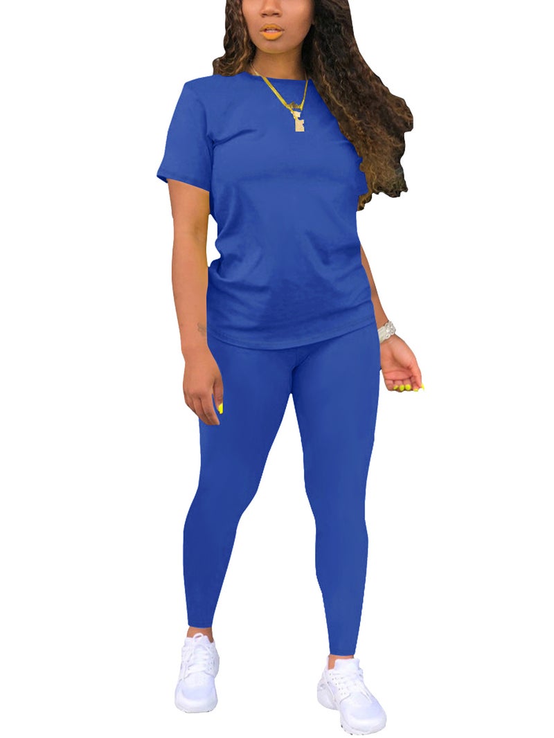 European and American Cross-border Special in stock Simple Solid Color Gradient Printing Round Neck Short-sleeved T-shirt Top Pants Women's suit - Image 3