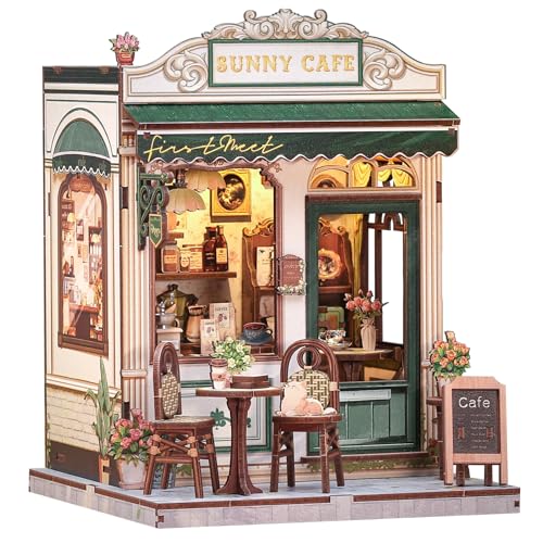 Cutefun Book Nook Kit DIY Miniature Coffee Shop Dollhouse Kit for Adults and Teens 3D Wooden Puzzle Bookshelf Insert Decor with LED Light Gifts for Book Lovers and Beginners Sunny Cafe - Image 1
