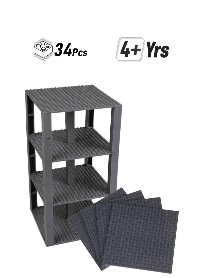 Strictly Briks Classic Baseplates 6" X 6" Brik Tower 100% Compatible With All Major Brands ; Building Bricks For Towers And More ; 4 Charcoal Gray Stackable Base Plates & 30 Stackers  - Image 1