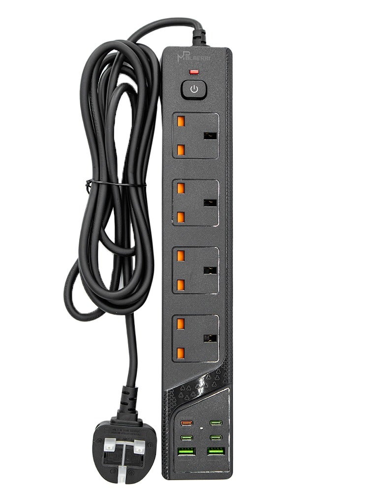MP BLBERRI Power Socket 3250W 3 Meter Black 4 High Power Sockets 4 PD Ports for Fast Charging 2 USB Ports for Fast Charging - Image 1