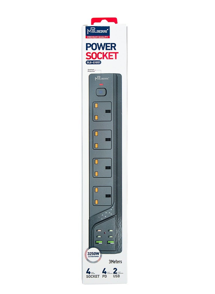 MP BLBERRI Power Socket 3250W 3 Meter Black 4 High Power Sockets 4 PD Ports for Fast Charging 2 USB Ports for Fast Charging - Image 4