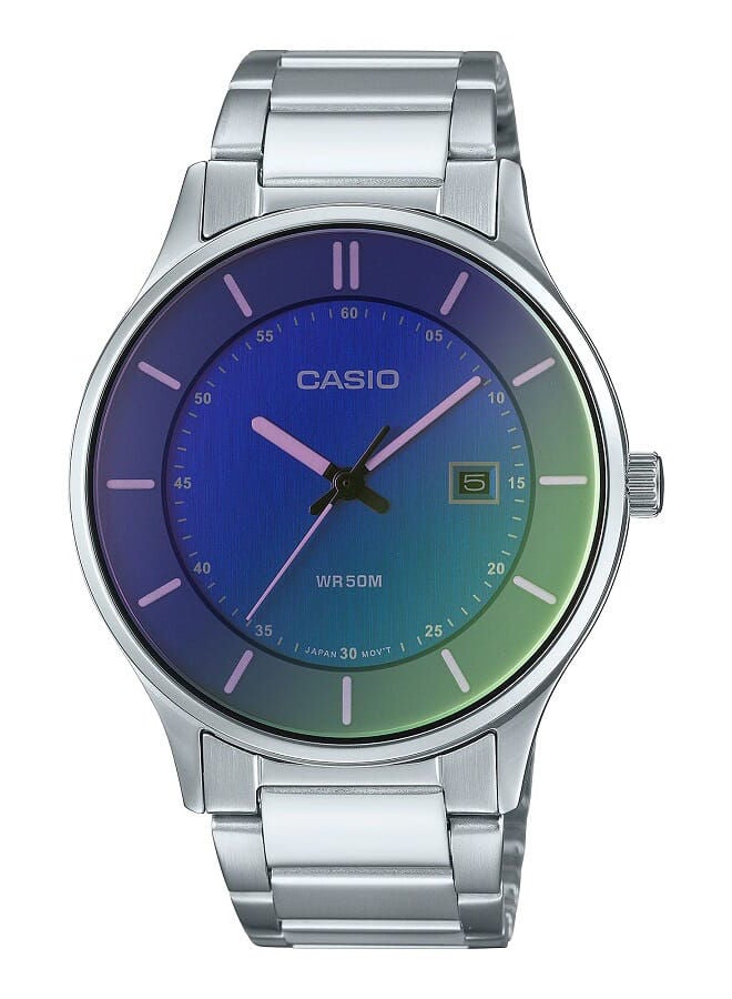 CASIO Men Watch Analog Date Display Multi Color Dial Polarized Glass Stainless Steel Band MTP-E605D-2EVDF - Image 1